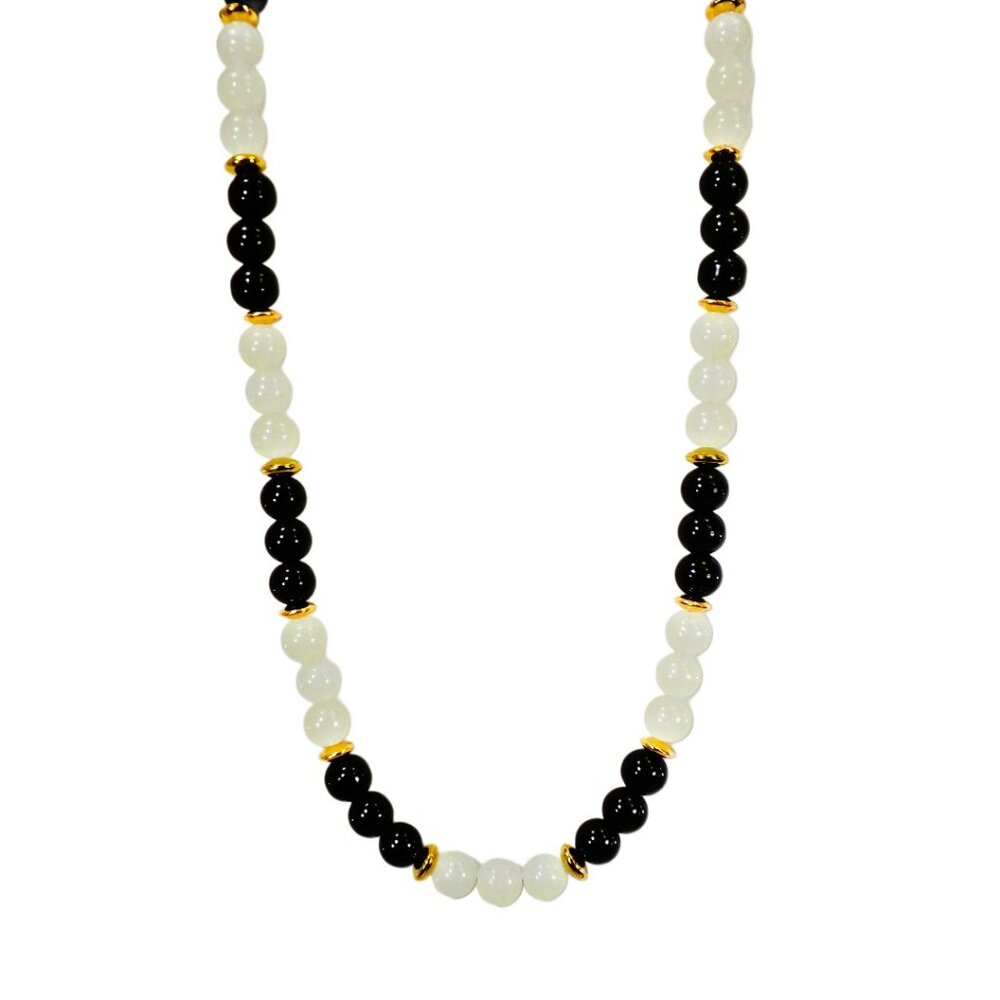 Black and white glass bead necklace with round glass beads and small gold beads